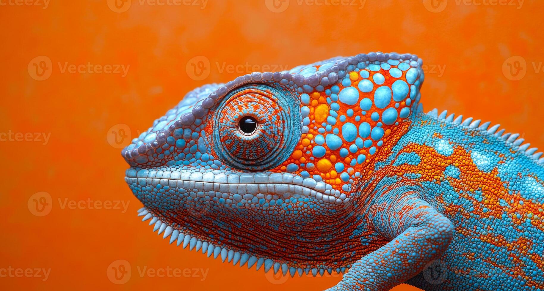 A colorful lizard with a blue head and orange body. The lizard is looking at the camera. The image has a bright and lively mood photo