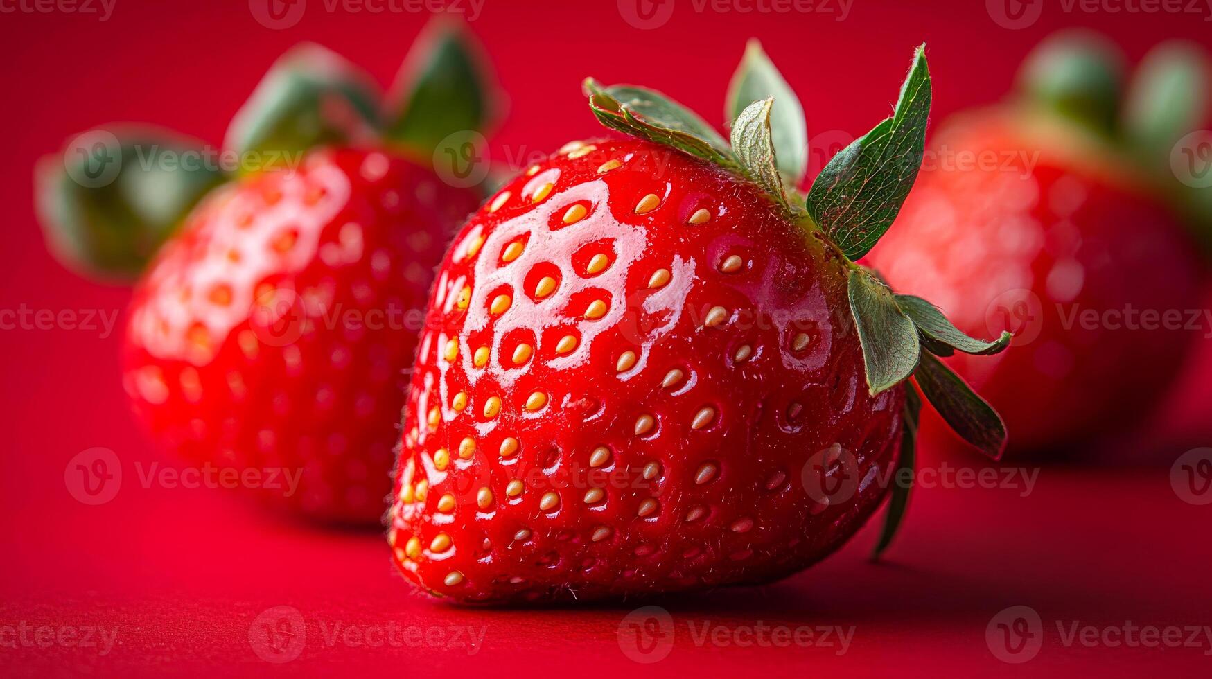 Three red strawberries on a red background. The strawberries are ripe and ready to eat. The image has a warm and inviting mood, making it a perfect choice for a fruit basket or a summery scene photo