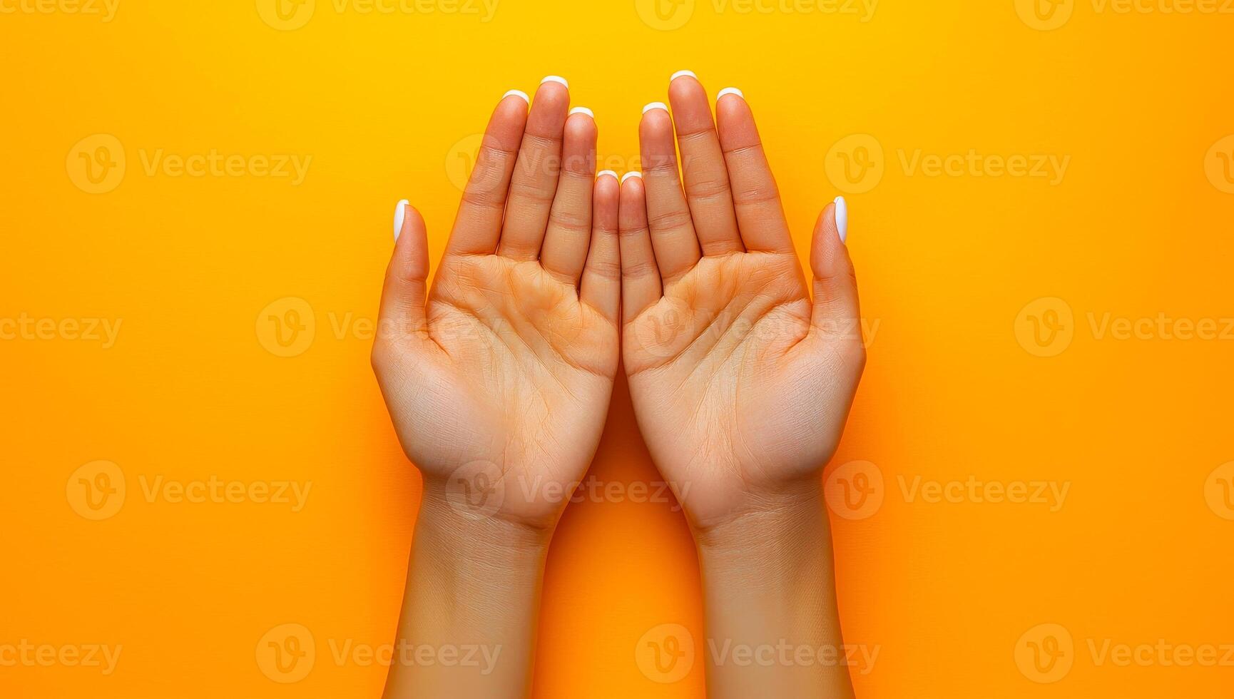 Two hands are shown with a yellow background. The hands are open and facing each other. Concept of connection and warmth between the two hands photo
