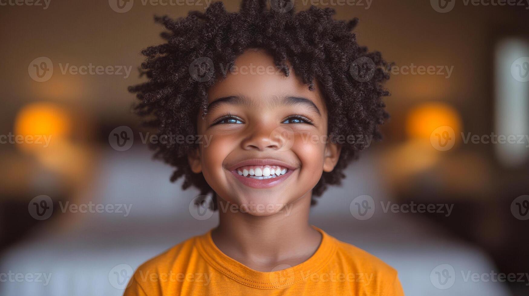 A young boy with curly hair is smiling and wearing an orange shirt. He is looking at the camera and he is happy photo
