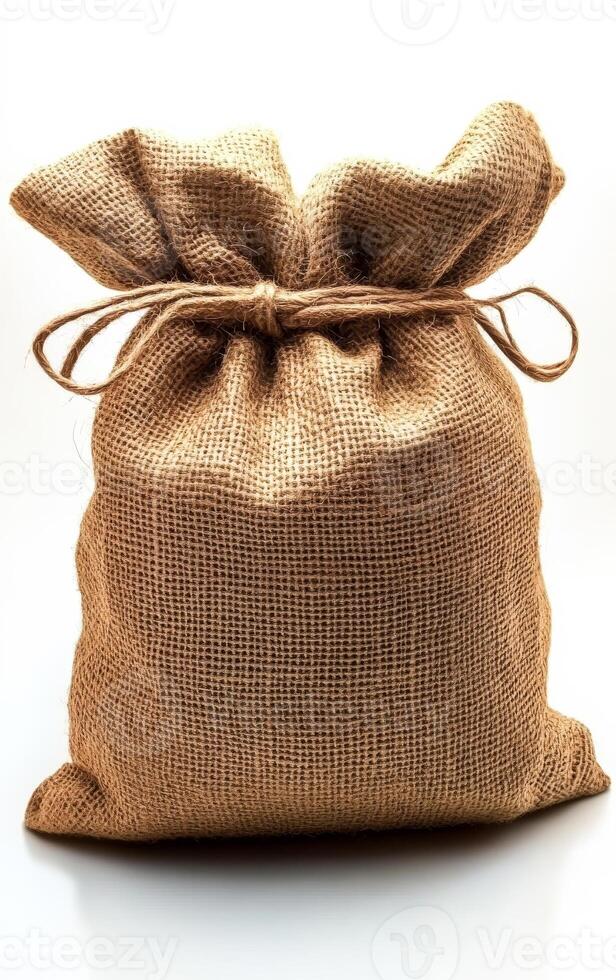 A brown bag with a white background. The bag is made of burlap and has a white string tied around it photo