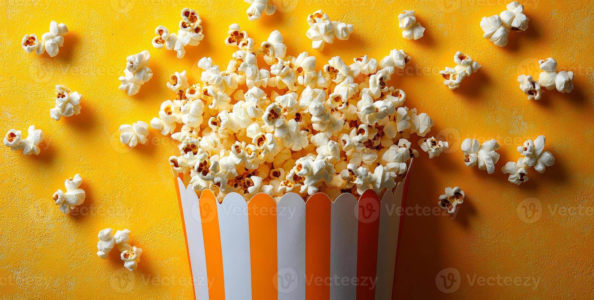 A box of popcorn is overflowing with popped corn. The popcorn is scattered all over the yellow background, creating a sense of abundance and excitement photo