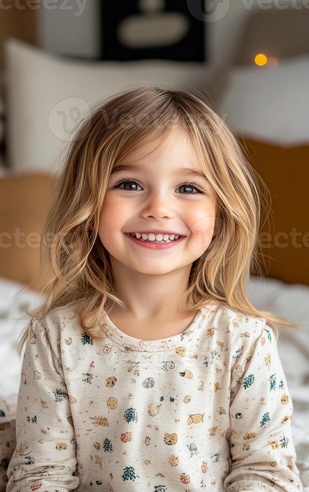 A young girl with blonde hair is smiling and wearing a white shirt with a pattern of trees. She is sitting on a bed photo