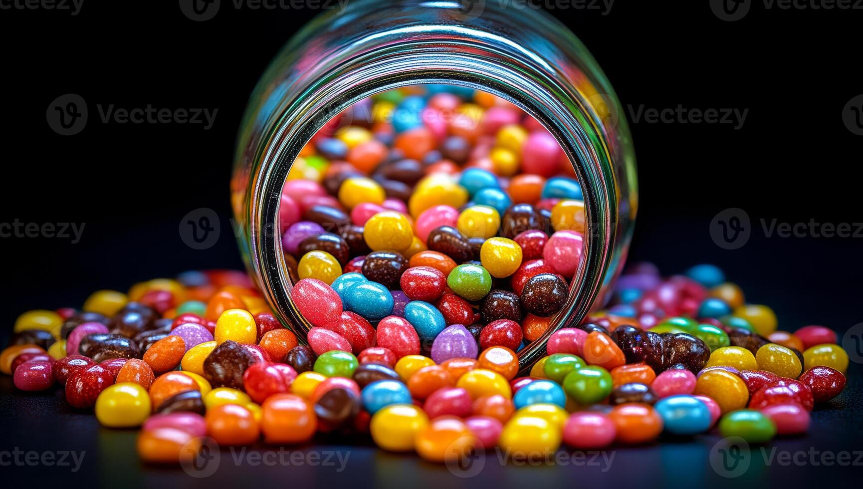 A jar of colorful candy is spilled out onto a table. The candy is a mix of different colors and shapes, creating a fun and playful atmosphere photo