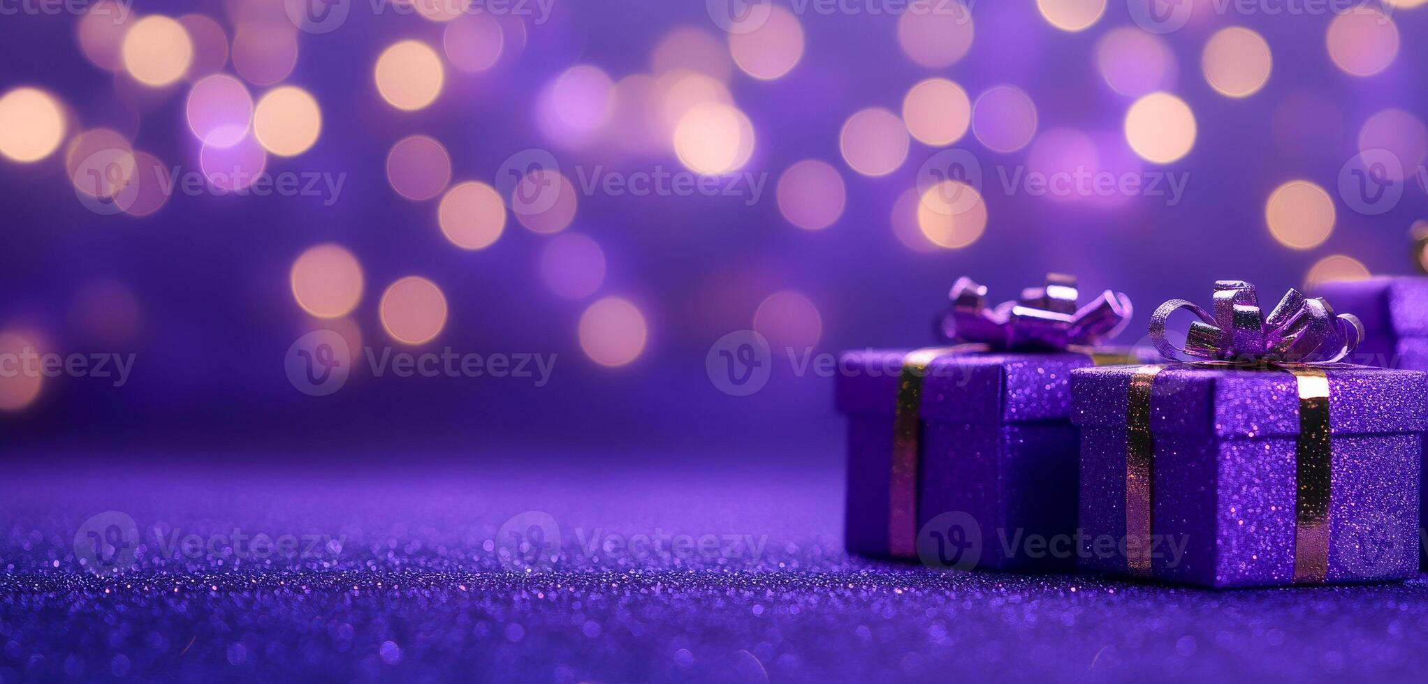 A purple box with a bow on top sits on a purple background. The purple background and the purple box create a sense of luxury and elegance photo