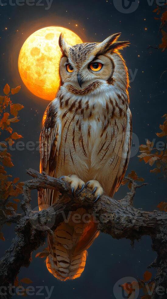 Owl with striking eyes sits on a tree branch at night, illuminated by a bright full moon in the background. photo
