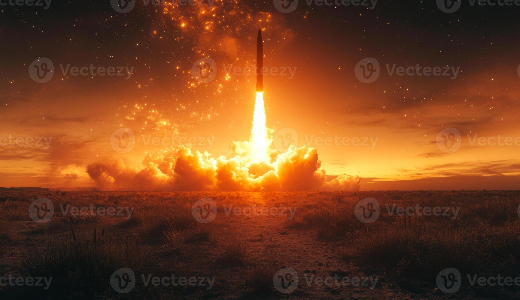 Rocket lifts off at sunset over desert. A rocket ascends into the fiery sunset sky, leaving a trail of smoke across a vast desert landscape. photo