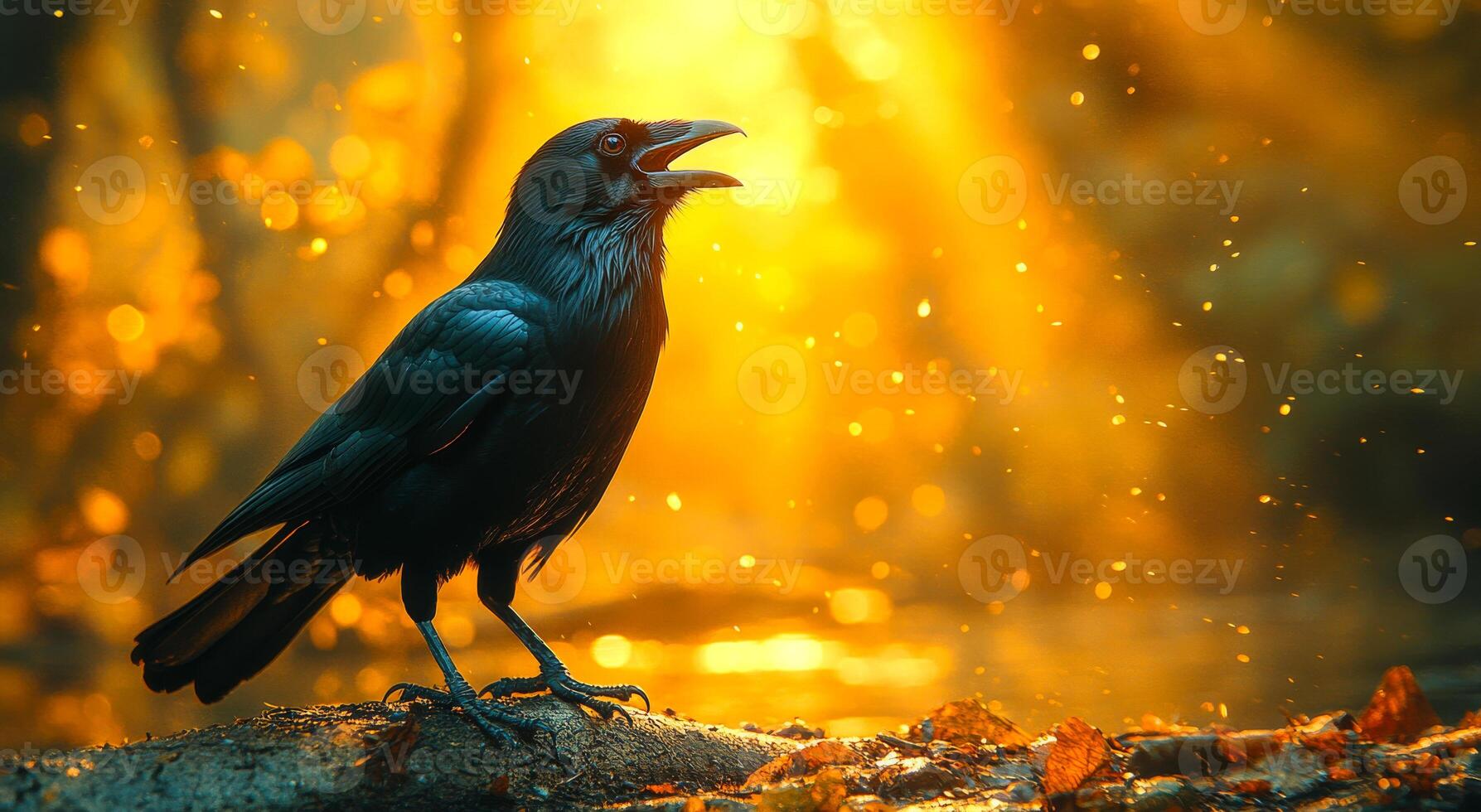 A black crow is standing on a log in the sun. The bird is looking to its left and he is looking for food. The scene is peaceful and serene, with the sun shining brightly photo