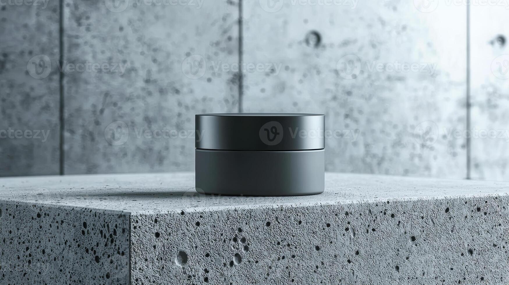 A small jar of cream sits on a grey stone slab. The scene is simple and minimalistic, with the focus on the jar and the stone slab photo