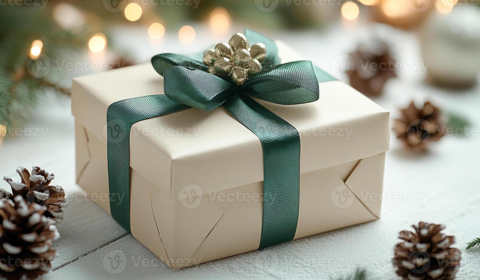 A white box with a green ribbon and a gold bow on top. The box is decorated with pine cones photo