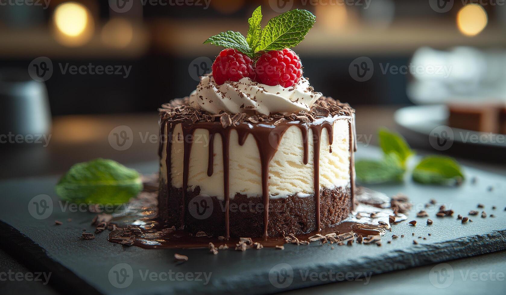A chocolate cake with whipped cream and raspberries on top. The cake is served on a black plate photo