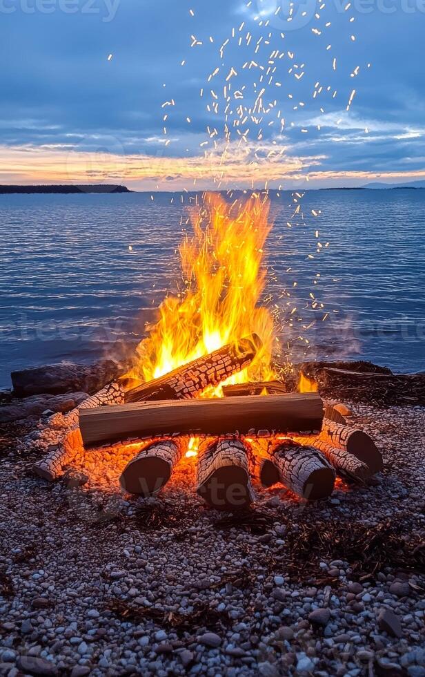 A fire is burning on a beach near the ocean. The fire is surrounded by logs and rocks, and the water is calm. The scene is peaceful and serene, with the fire providing warmth photo