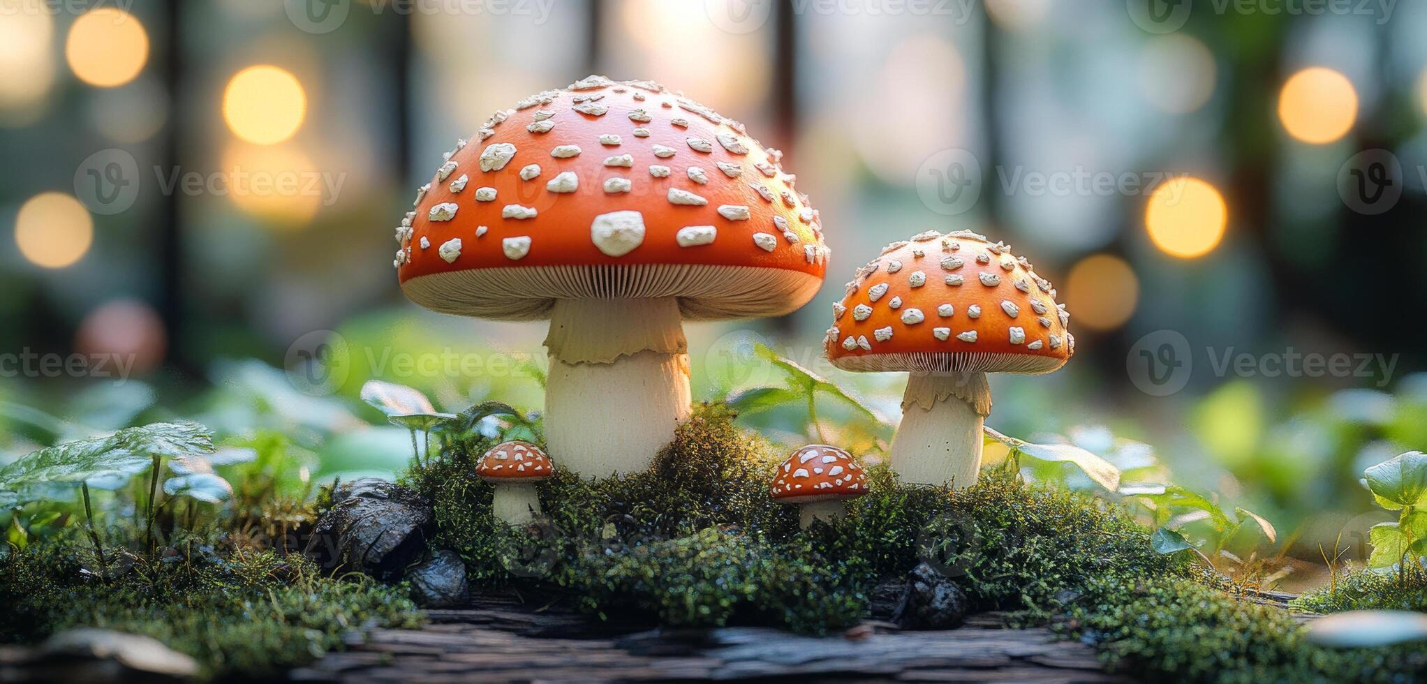 Two large orange mushrooms are sitting on a mossy log. The mushrooms are surrounded by green leaves and grass, creating a peaceful and natural scene photo