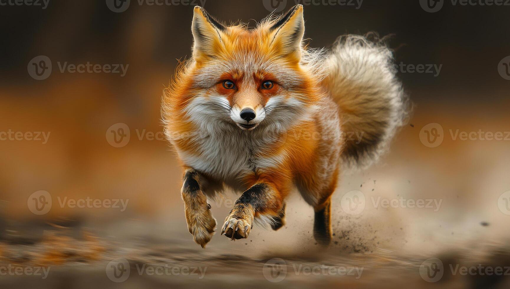 A fox is running through the dirt, with its tail trailing behind it. Concept of freedom and wildness, as the fox is running through its natural habitat photo
