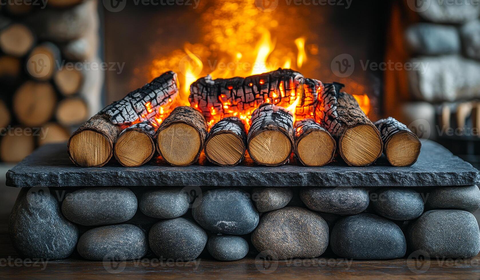 Cozy fireplace warms the room. A warm fireplace displays logs resting on smooth stones, casting a comforting glow in the cozy living space. photo