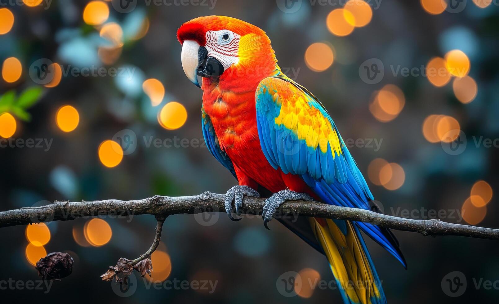 A colorful parrot is perched on a branch. The bird is bright red, yellow, and blue, and it is looking at the camera. The image has a lively and cheerful mood, as the parrot's vibrant colors photo