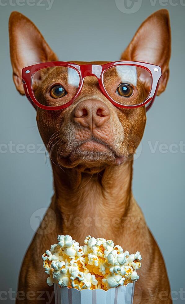 A brown dog with large glasses poses humorously while holding a cup of popcorn, showcasing its playful personality. photo