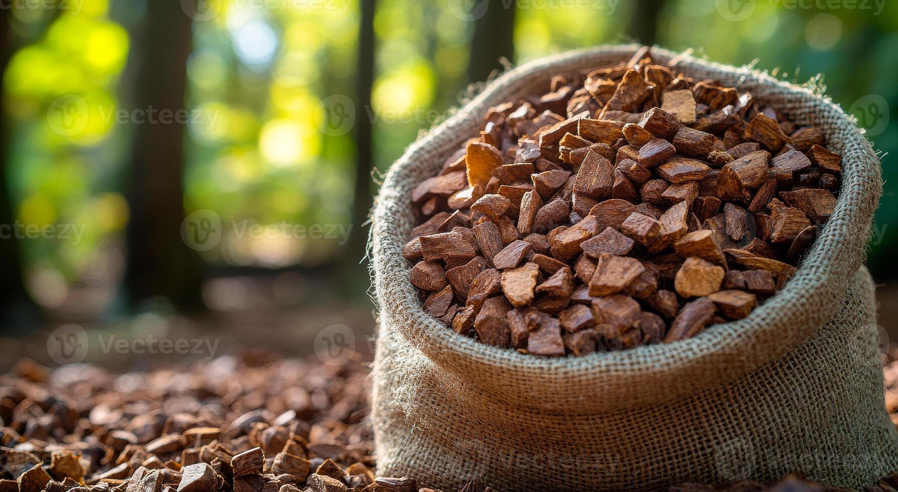 A bag of brown rocks sits on the ground. The bag is made of burlap and is filled with the rocks. The scene is set in a forest, with trees in the background photo