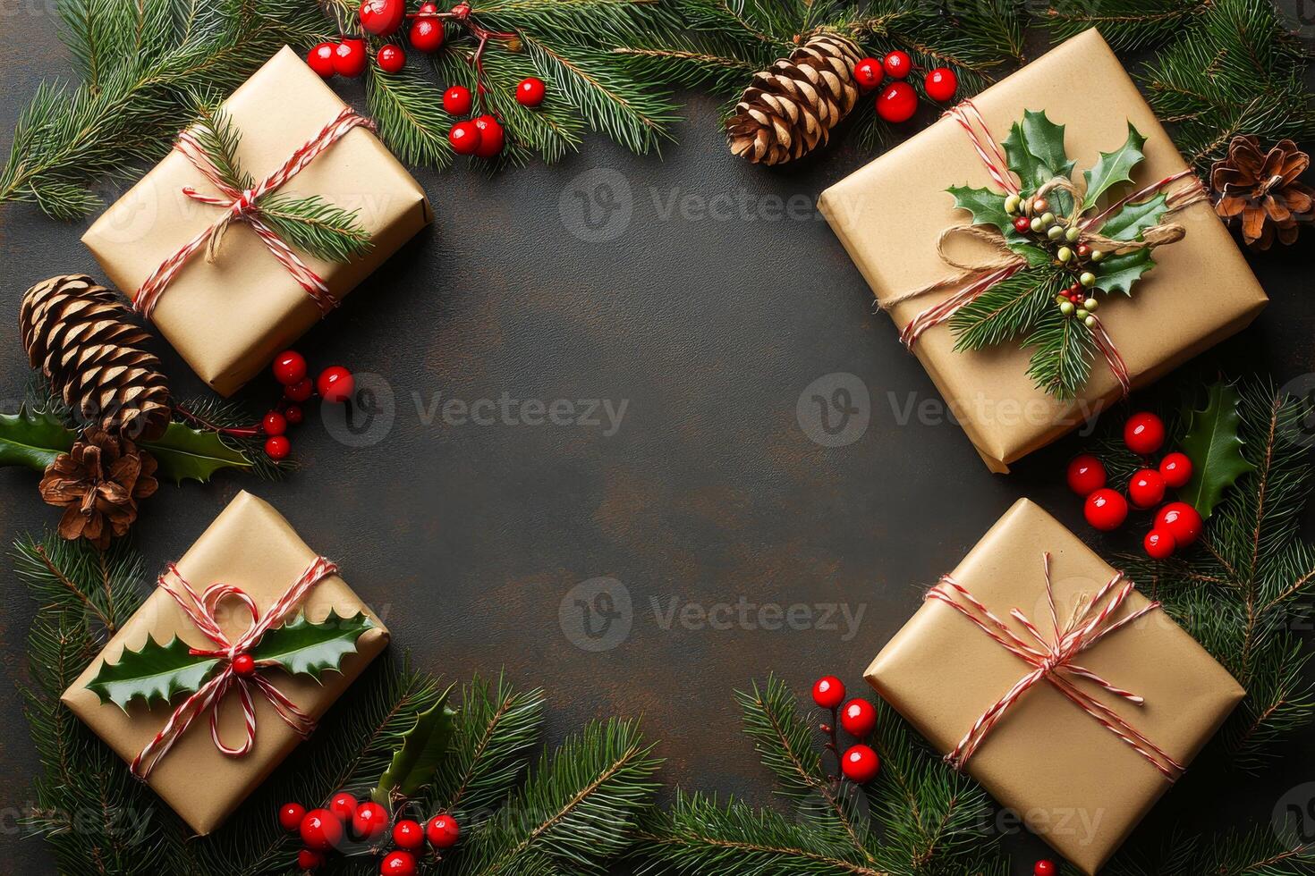 A Christmas tree with four brown boxes and red berries. The boxes are tied with red ribbons photo