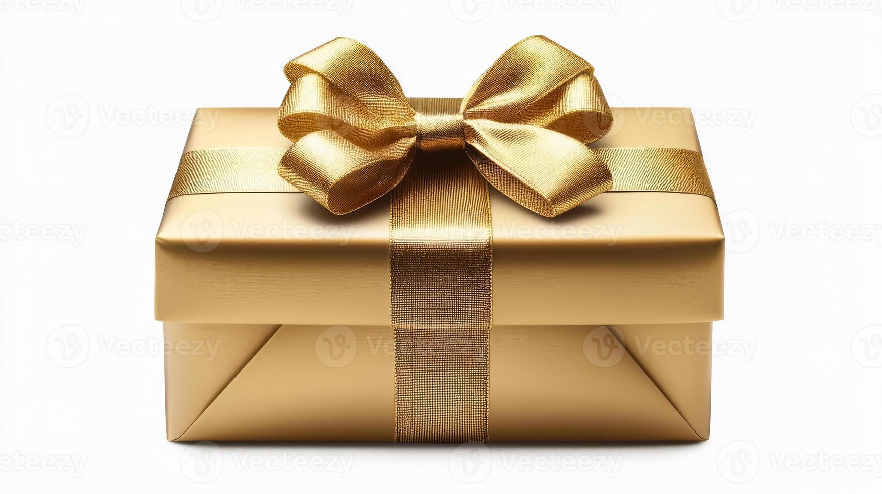 A gold wrapped gift box with a bow on top. The box is sitting on a white background photo