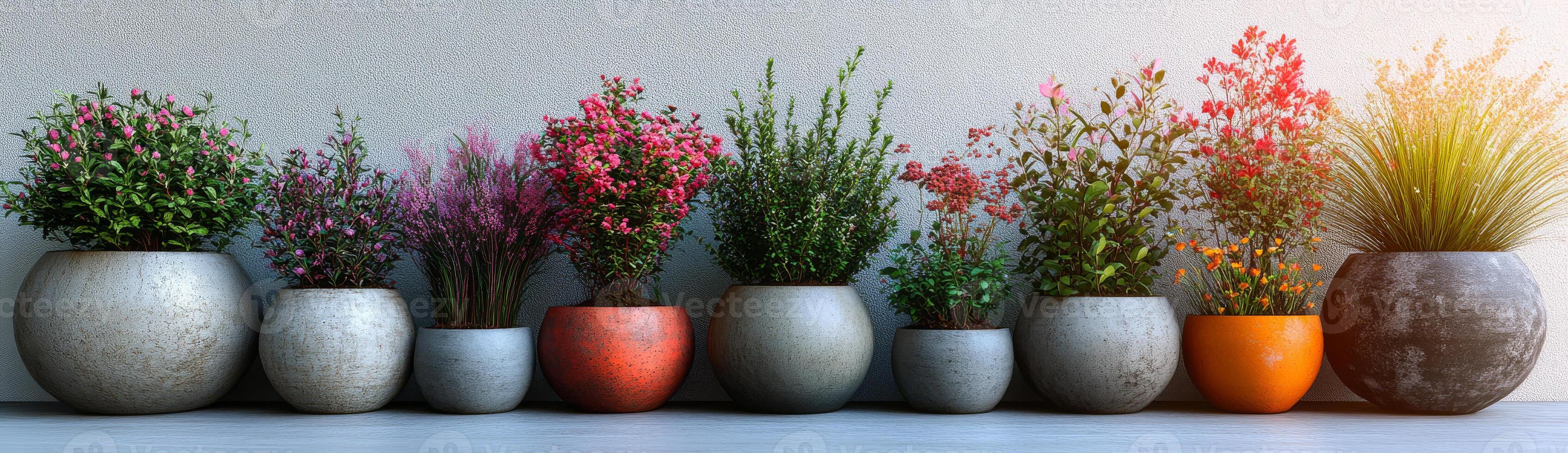A row of potted plants with different colors and sizes. The plants are arranged in a line, with some taller and some shorter. Scene is calm and peaceful, as the plants are placed in a neat photo