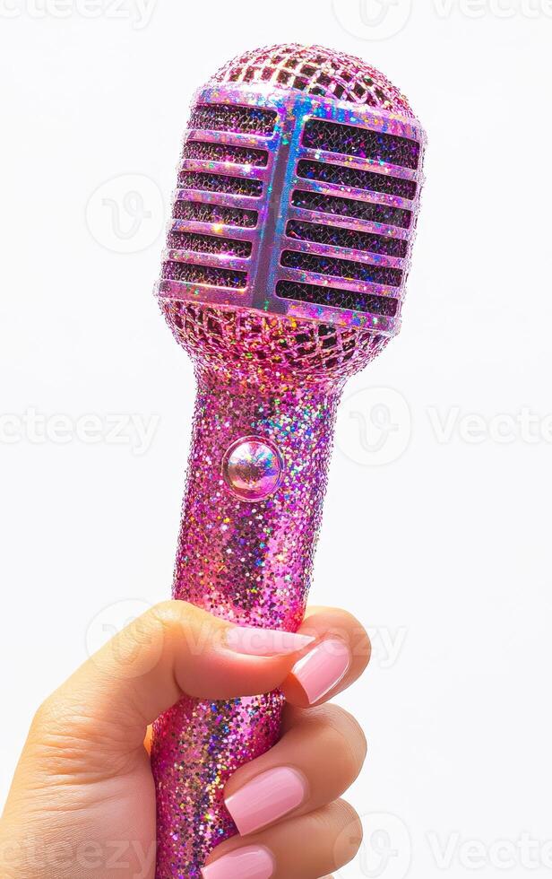 A pink microphone with glittery decorations. The microphone is held by a person's hand. Concept of fun and creativity, as the microphone is decorated with glitter and he is a toy or a novelty item photo