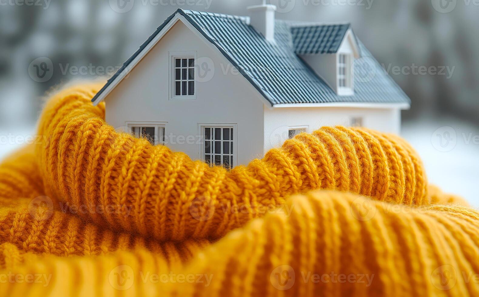 A house is wrapped in a yellow blanket. The house is small and white. The blanket is thick and warm photo