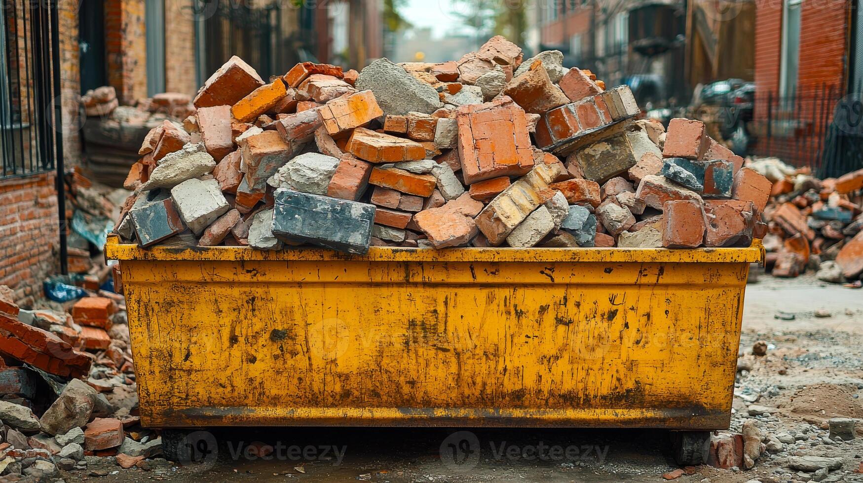 A dumpster full of bricks and rubble. The dumpster is yellow and is in a city street photo