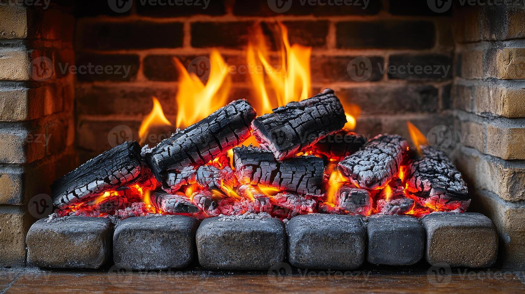 A fireplace with a pile of wood burning in it. The fire is orange and yellow, and the wood is black and grey. The fire is crackling and popping, and the wood is glowing red. The scene is cozy and warm photo