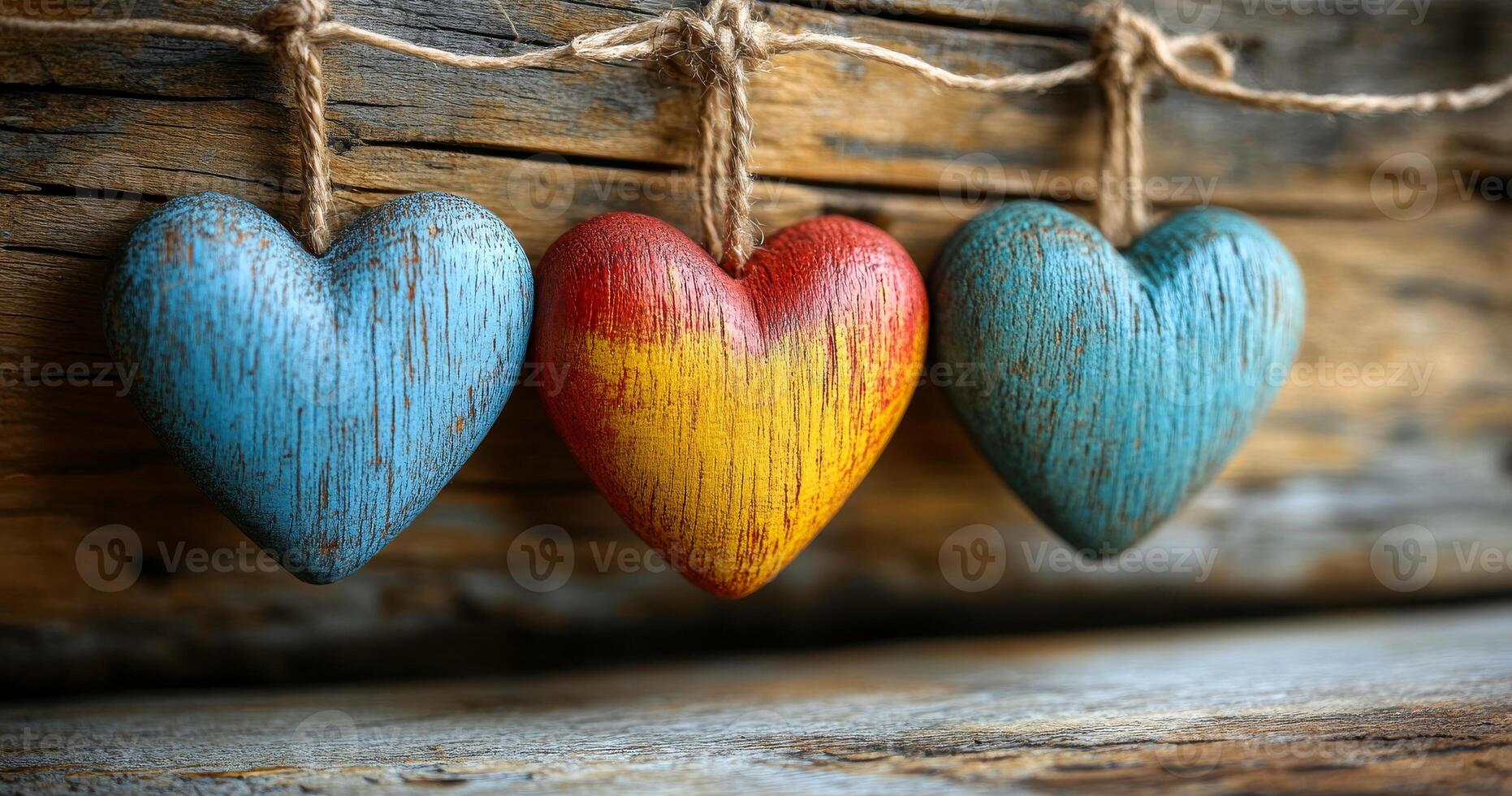 Three wooden hearts are hanging from a rope, with one blue, one red, and one yellow photo