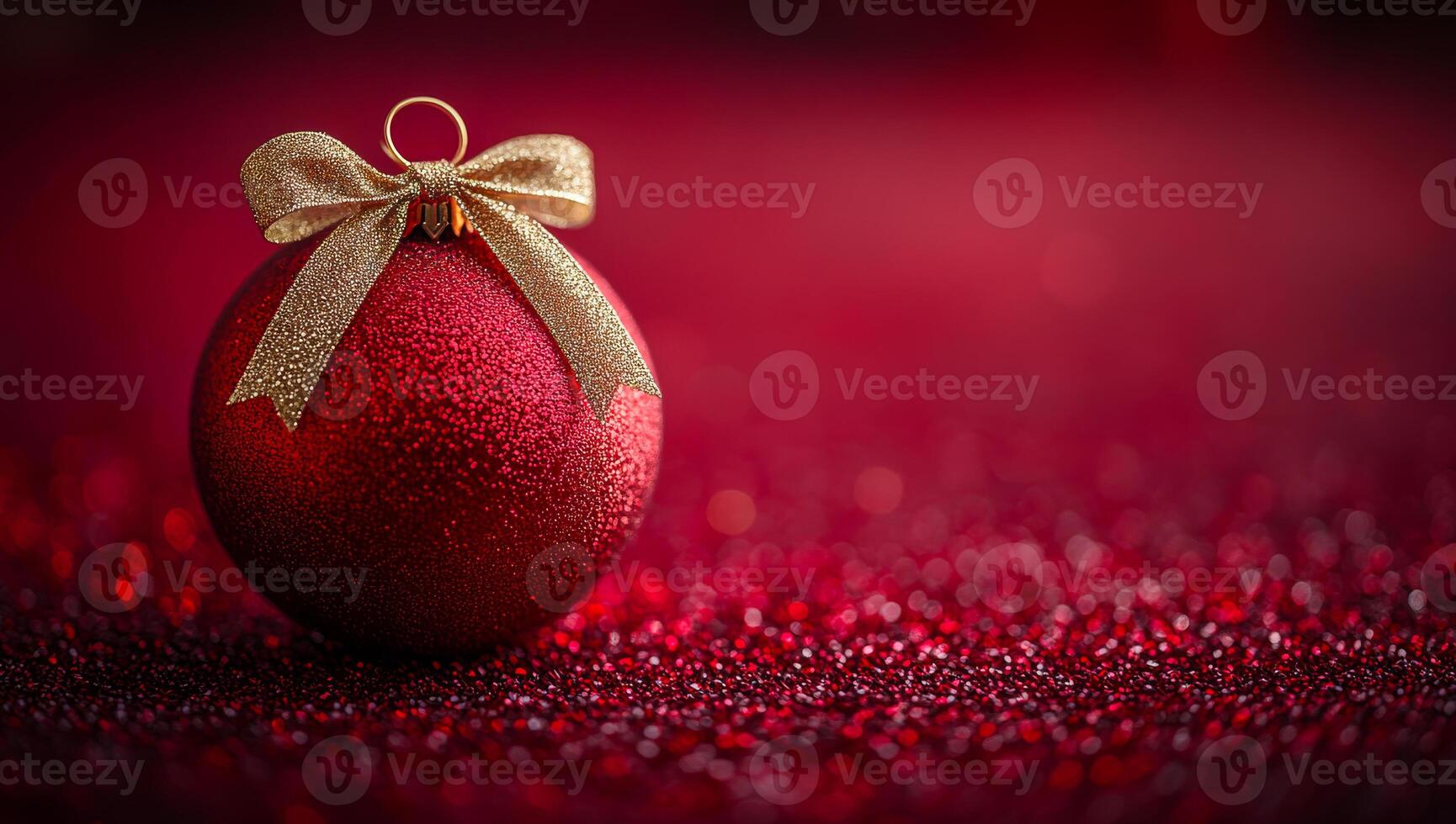 Bright red ornament shining on festive background. A red ornament with a gold bow sits atop a sparkling red surface, adding a festive touch for the holiday season. photo