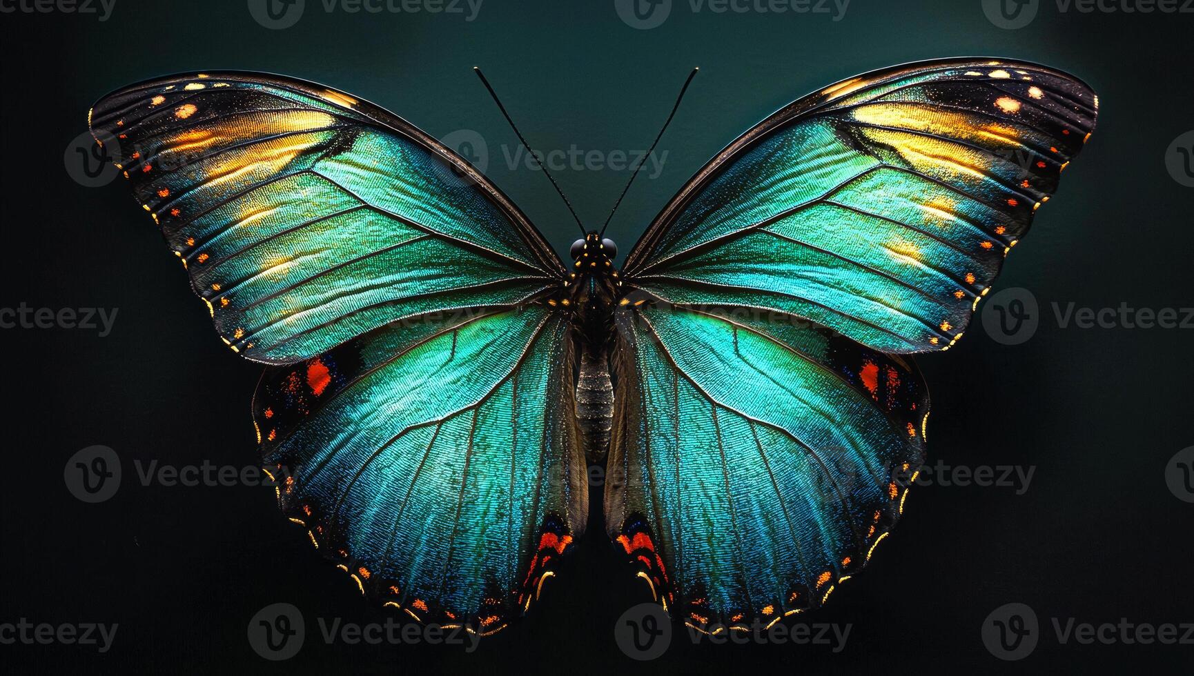 A butterfly with blue wings and orange spots. The butterfly is sitting on a black background. The butterfly is the main focus of the image photo