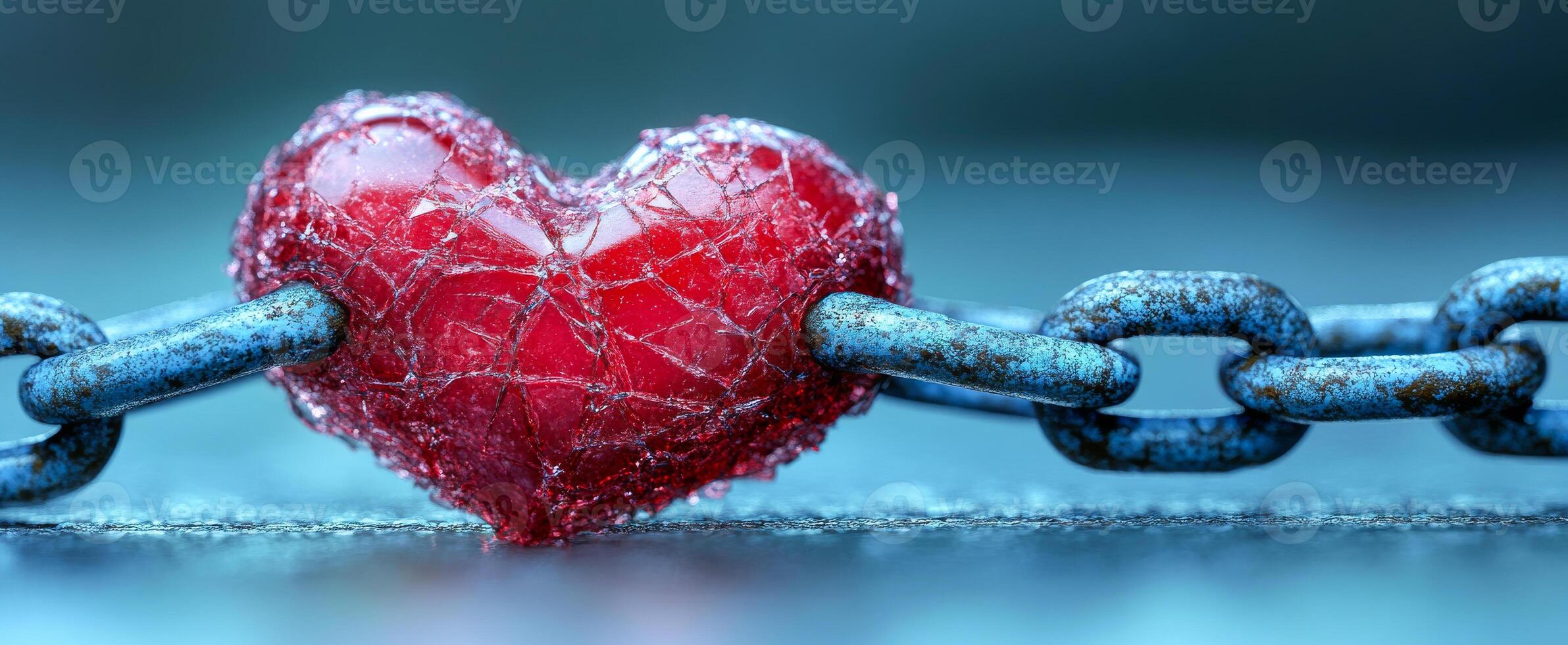 A heart is attached to a chain. The heart is red and he is frozen. The chain is blue and he is rusty. Concept of sadness and loneliness photo