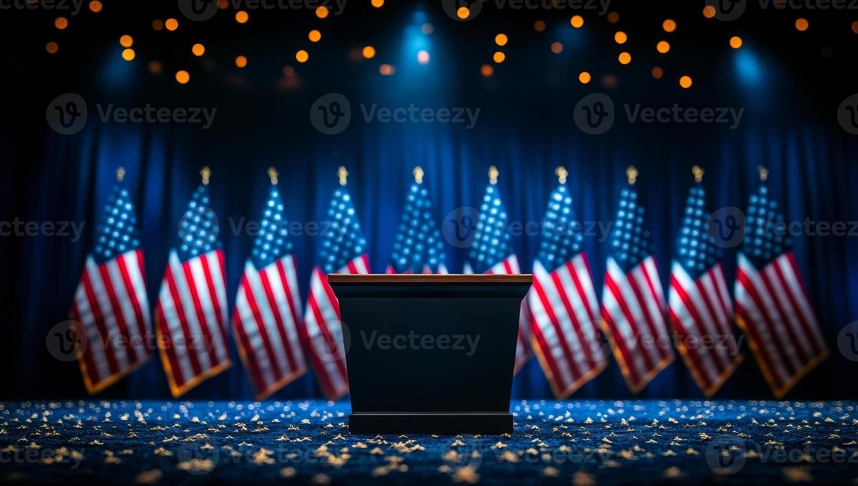 A podium with a single American flag on it. The flags behind the podium are all American. Scene is patriotic and solemn photo