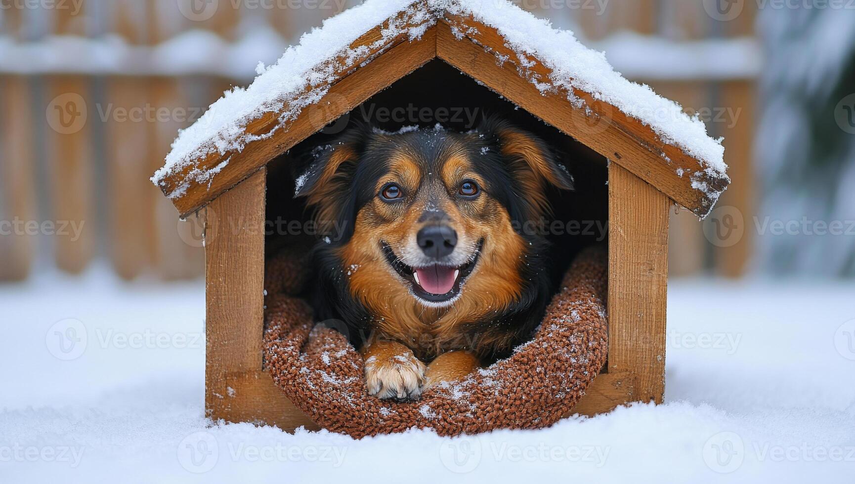 A dog is in a wooden dog house with snow on the roof. The dog is smiling and he is enjoying the cold weather photo