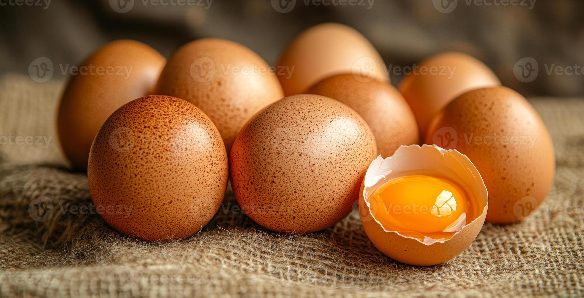 A dozen eggs with one cracked open. The cracked egg is surrounded by the other eggs, which are all whole photo