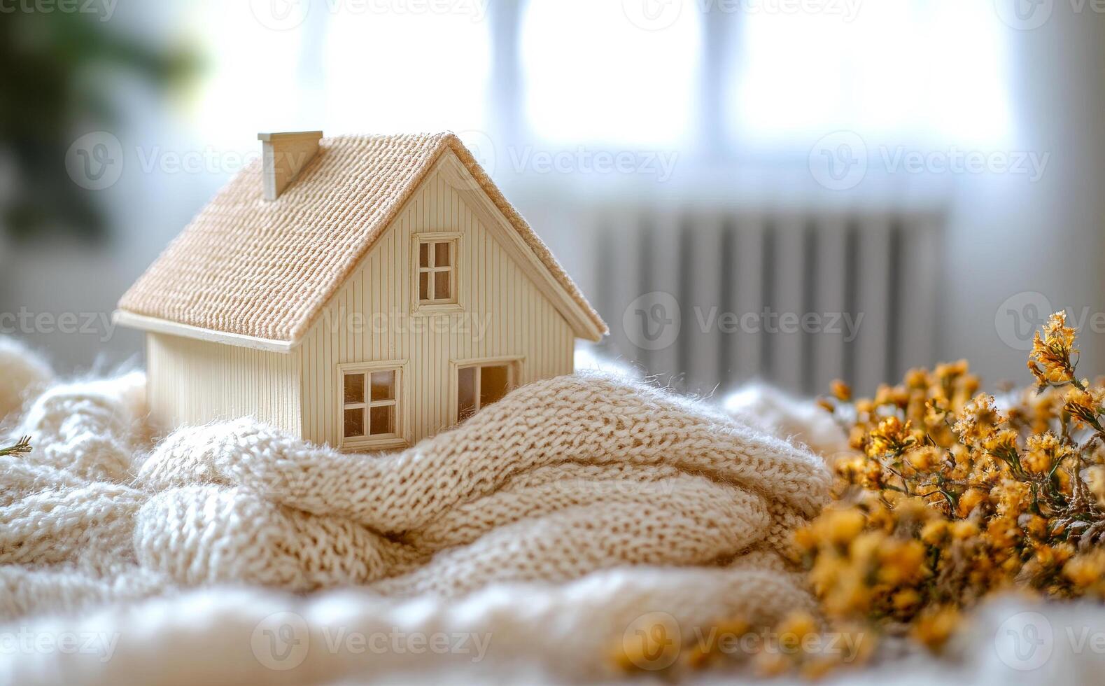 Cozy mini house with blanket and flowers. A small wooden house rests on a soft knitted blanket surrounded by delicate yellow flowers, creating a warm atmosphere. photo