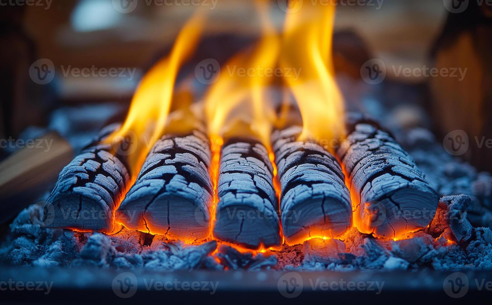 A pile of wood that is burning and has a lot of ash on it. The fire is very hot and the wood is charred. Scene is intense and dramatic, as the flames are very bright photo