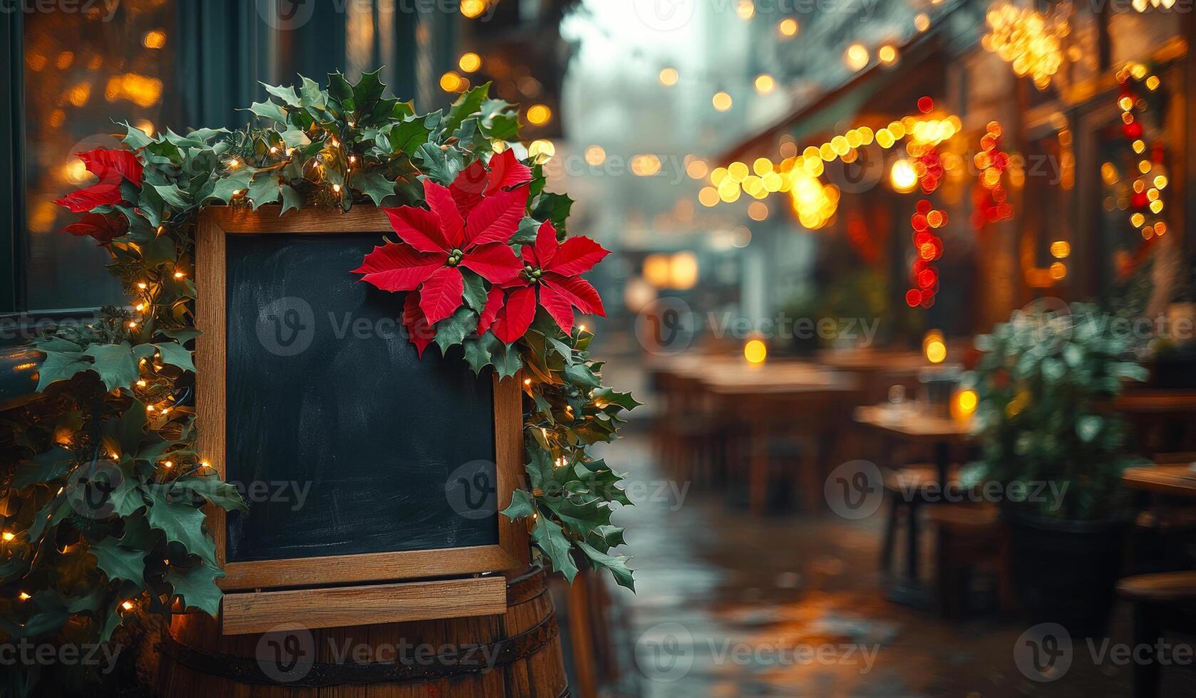 A blackboard with red flowers on it is placed on a barrel. The scene is set in a restaurant with tables and chairs. The blackboard is decorated with red flowers photo