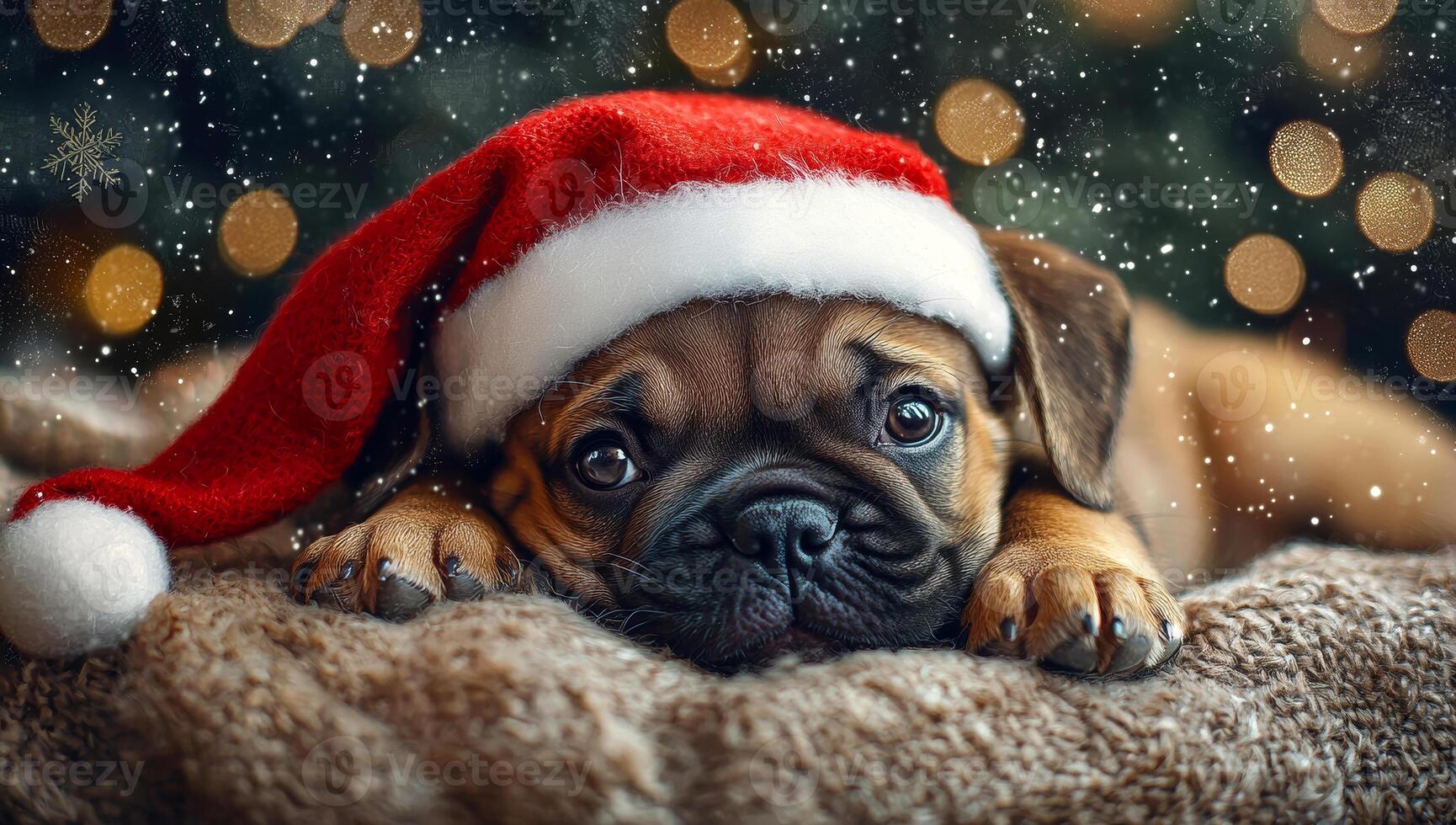 A small dog is wearing a red Santa hat and laying on a blanket. The dog appears to be looking at the camera with a sad expression photo