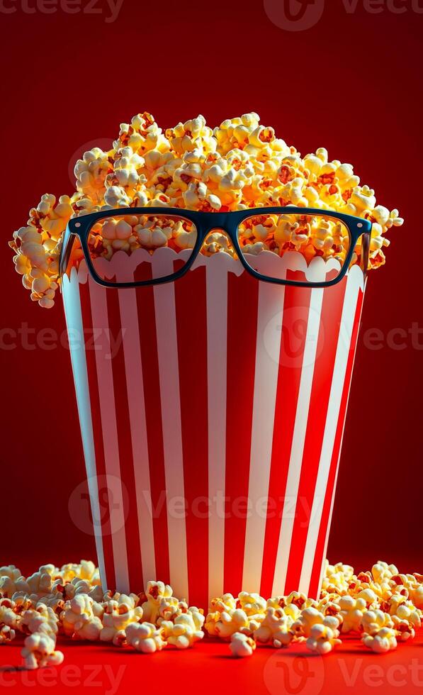 A red and white popcorn bucket with a pair of glasses on top of it. The glasses are black and the popcorn is yellow photo