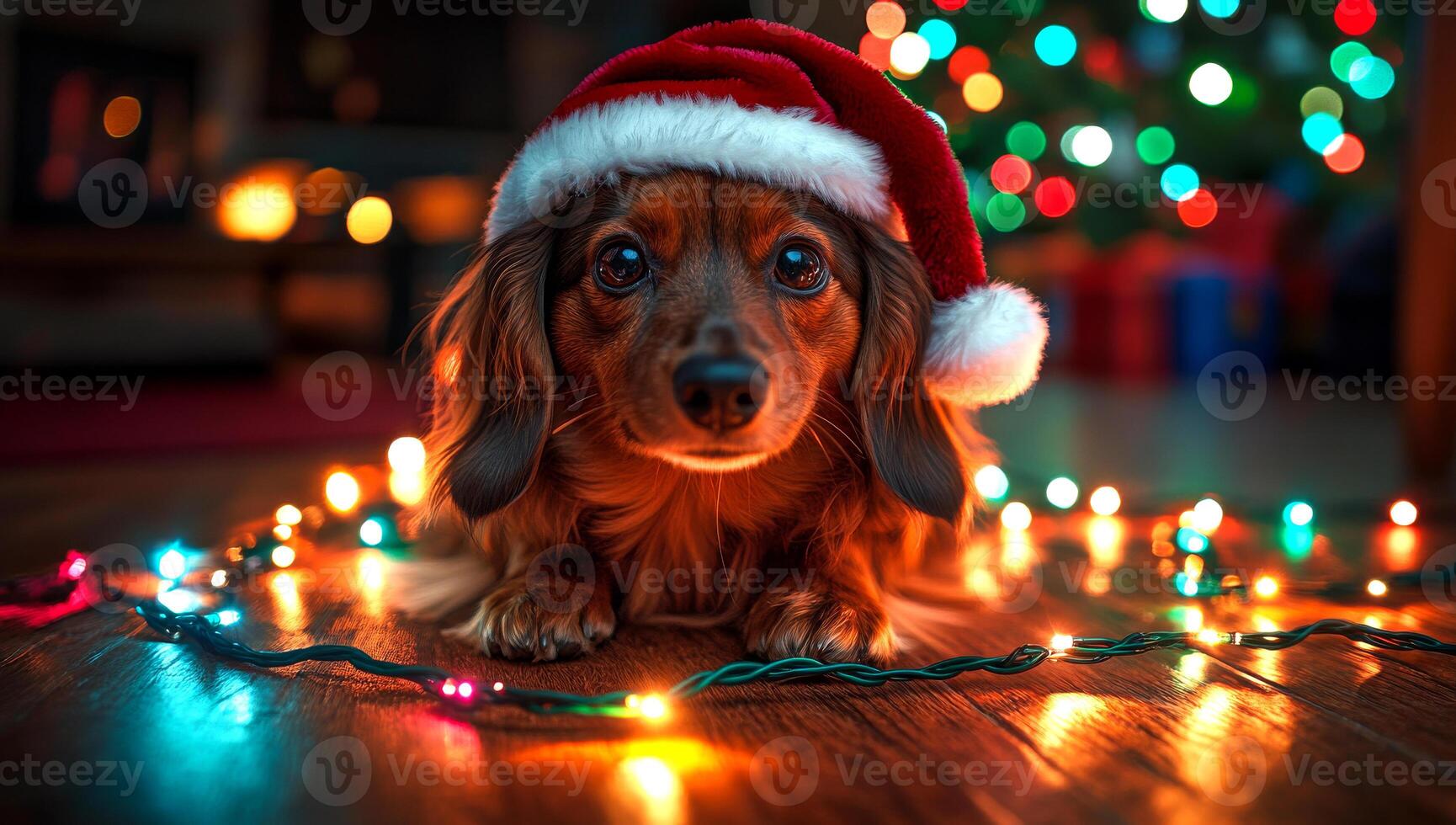 A dog is wearing a red hat and sitting in front of a Christmas tree. The scene is festive and joyful, with the dog looking at the camera photo