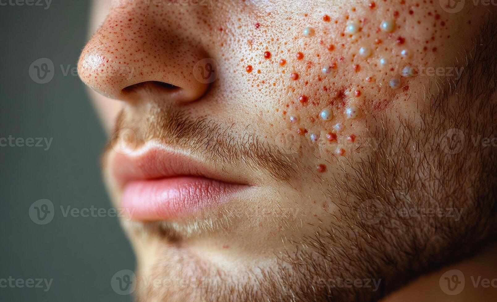A man with a beard and red spots on his face. The spots are small and scattered, giving the impression of a rash or acne. The man's facial hair is visible, and he is looking at the camera photo