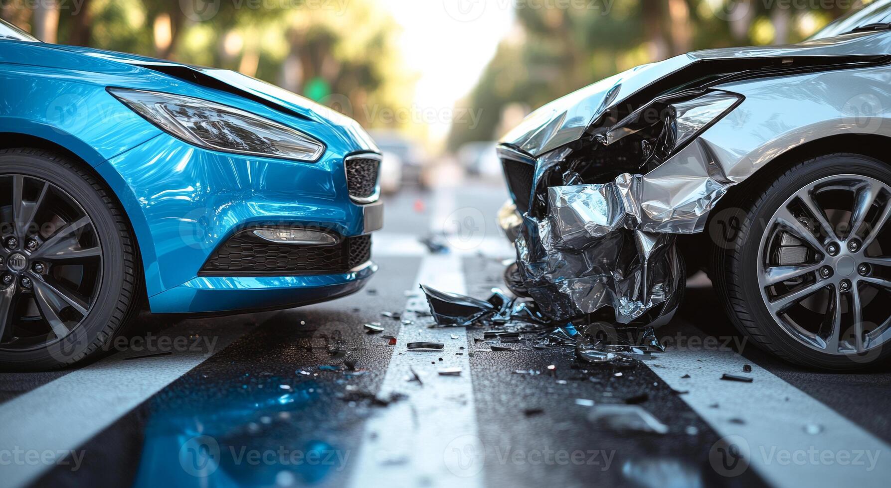 Collision between two cars on a city street. A blue car and a silver car are involved in a collision on a busy city street. Debris is scattered around. photo