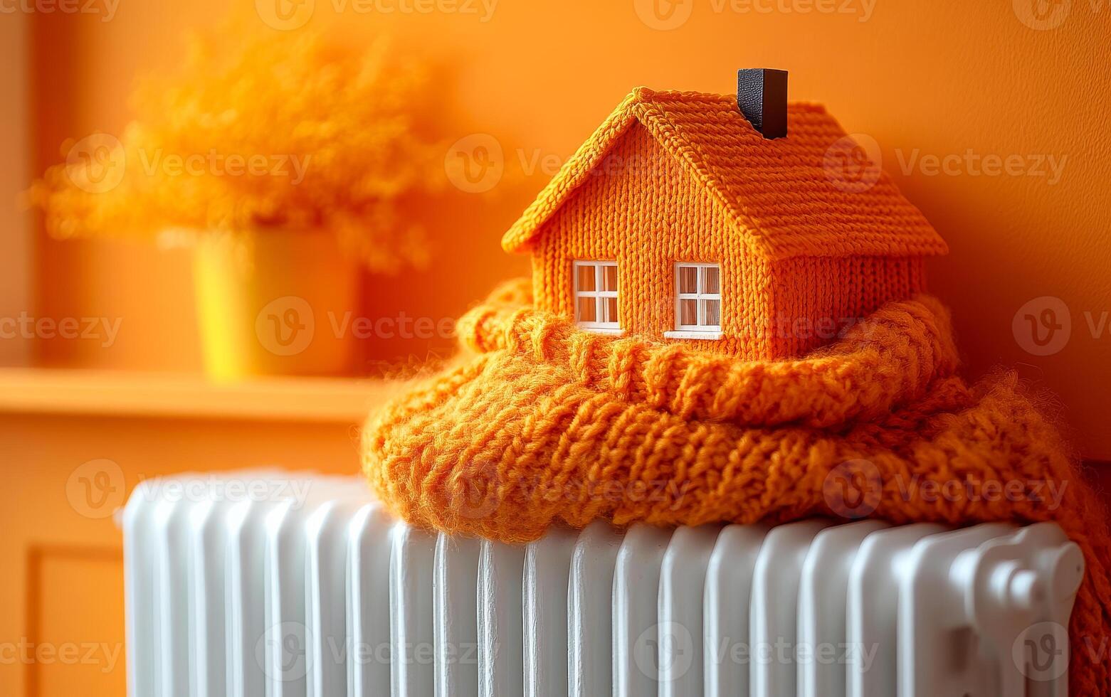 A house is sitting on top of a radiator. The house is orange and has a knit blanket on top of it photo