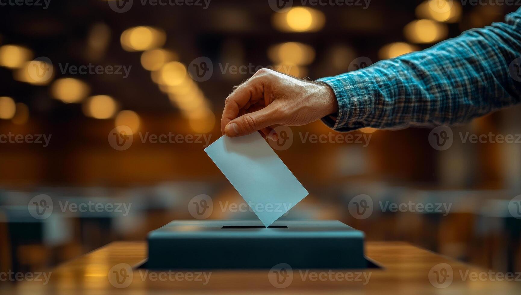 A person is putting a white card into a box. The card has a check mark on it photo