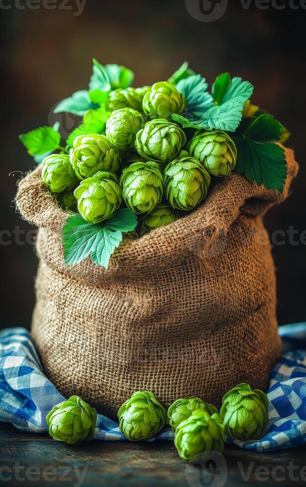 A bag of green asparagus is sitting on a table. The asparagus is fresh and green, and it looks like it's ready to be eaten photo
