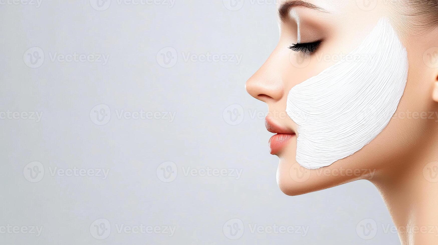 A woman with a white face mask on. The woman has a very clean and fresh look. The white face mask is covering her face and giving her a glowing appearance photo