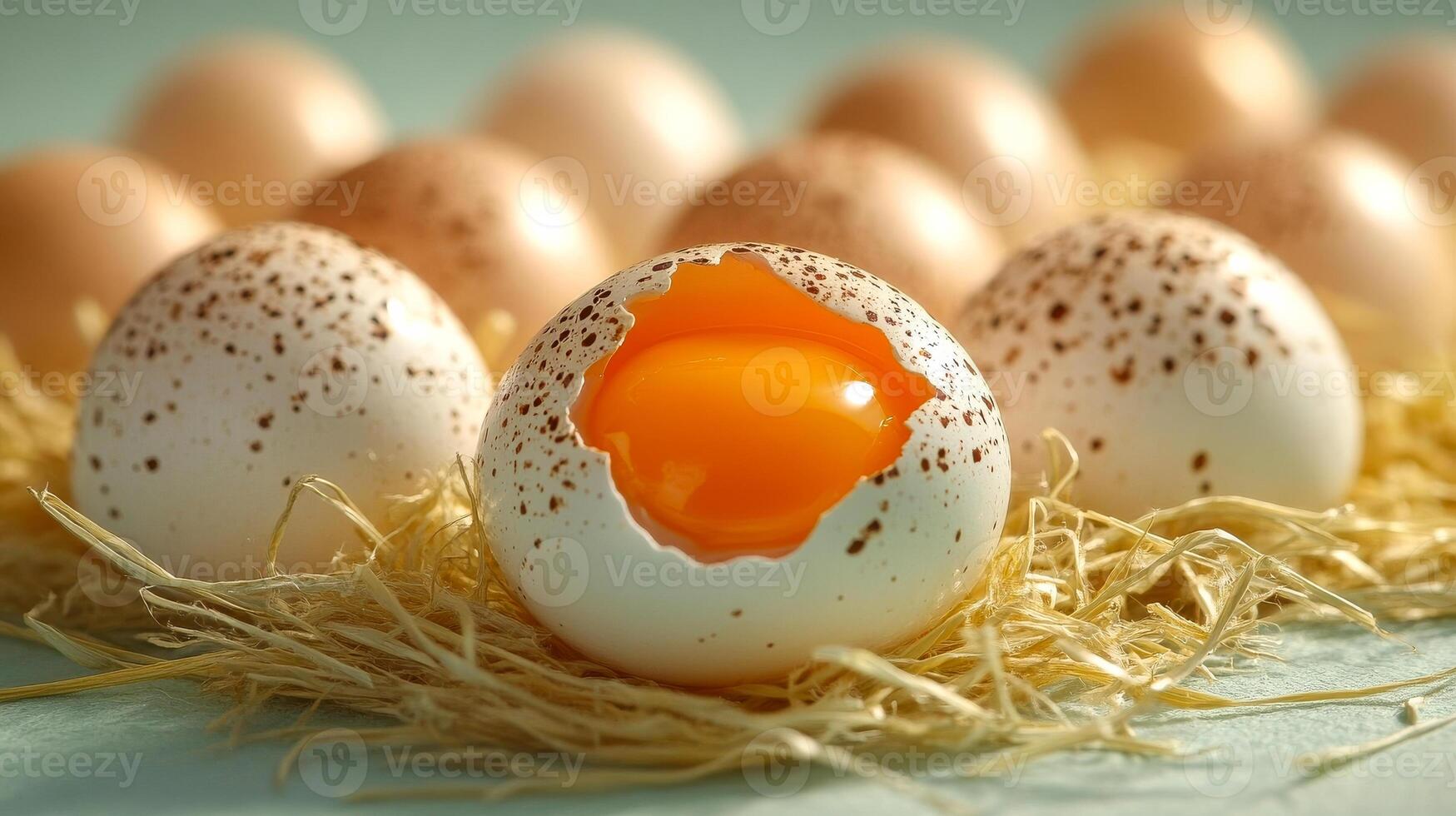 A close up of a cracked egg with a yolk inside. The egg is surrounded by a bed of straw photo