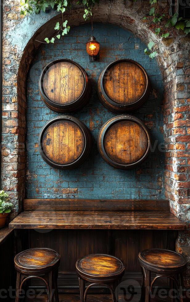 A brick wall with four wooden barrels on it. The barrels are arranged in a square pattern. The wall is blue and the barrels are brown. The scene gives off a rustic and cozy atmosphere photo